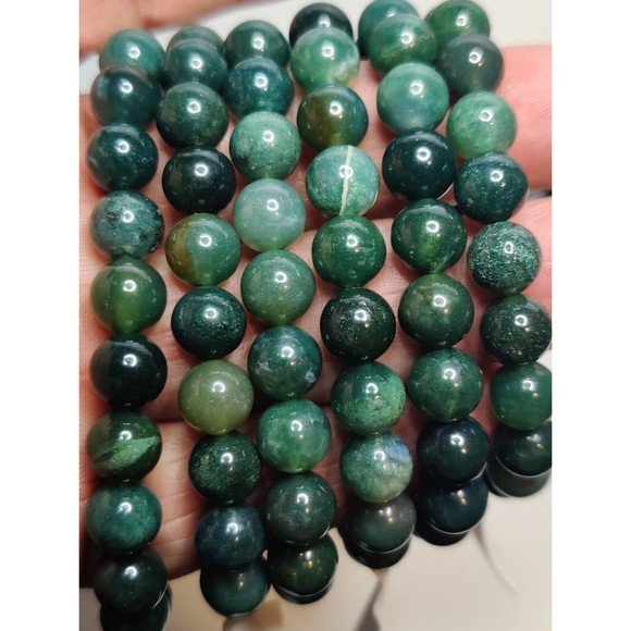 Green Moss Agate Stretch Bracelet 8mm round natural stone w/ felt pouch-B821 - Picture 7 of 12